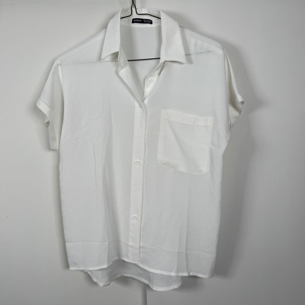 White Short Sleeve Button Down Shirt Women Pocket Blouse